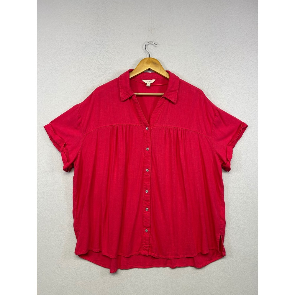 Boho Coastal Terra & Sky Womens 3X Pink Linen Blend Short Sleeve Button Shirt